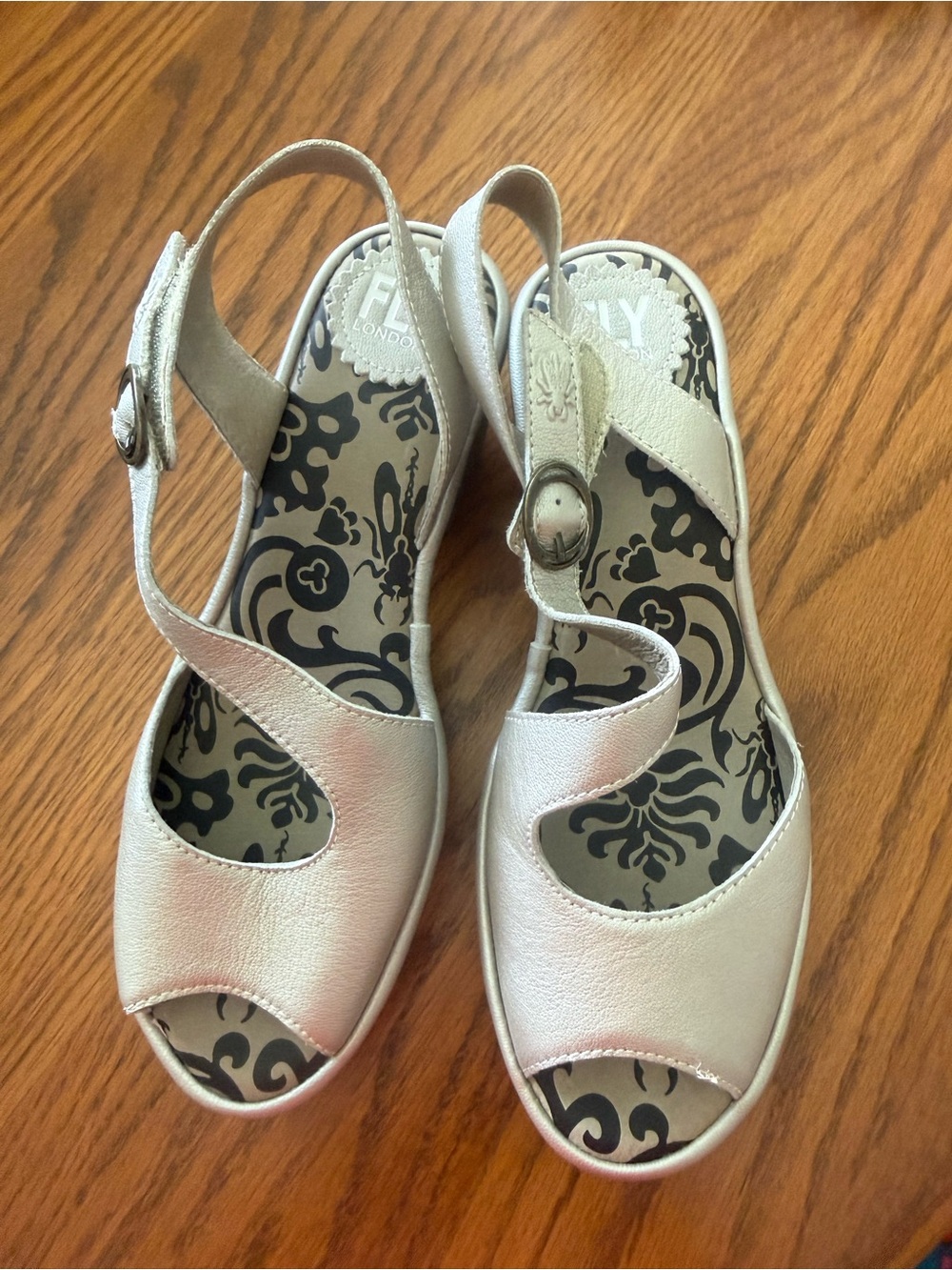 Like new Fly London Silver Open-Toe Slingback Sandals